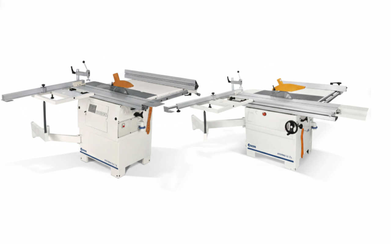 Comparație vizuală a fierăstraielor circulare SCM Minimax SC 2C (stânga) și SCM Minimax SC 1G (dreapta), două modele compacte pentru ateliere profesionale.