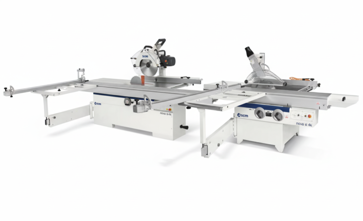 Comparație vizuală a fierăstraielor circulare SCM Nova SI 4S (stânga) și SCM Nova SI 4K (dreapta), două modele profesionale din gama SCM.