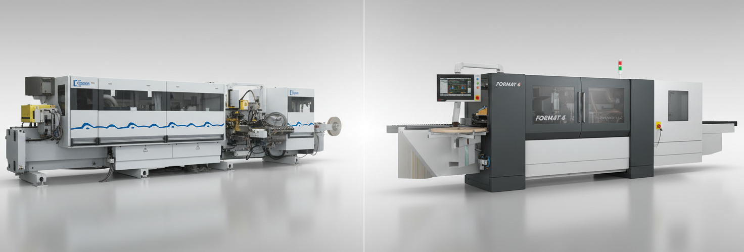 Comparație side-by-side: mașina de aplicat cant modernă Format4 (gri închis) versus un model competitor (alb), evidențiind diferențele de design și tehnologie.