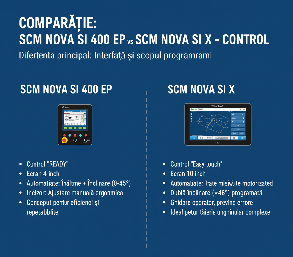 Infografic comparativ: Cinematica tăierii SCM NOVA SI 400 EP (înclinare 90°-45°) vs. SCM NOVA SI 400 X (înclinare dublă ±46°), arătând diferența fundamentală.
