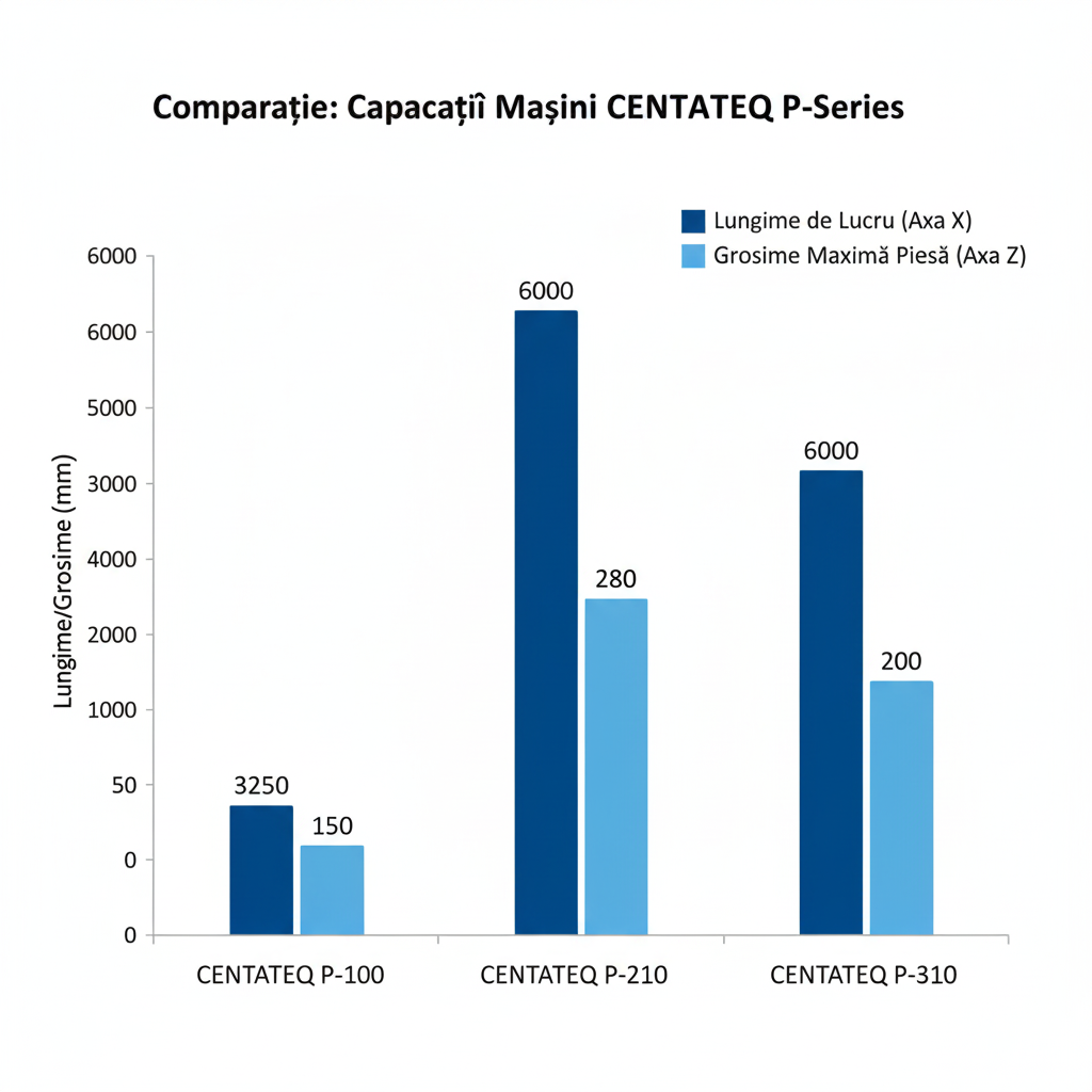 Grafic comparativ al capacităților mașinilor HOMAG CENTATEQ P-100, P-210 și P-310, evidențiind diferențele de lungime de lucru (axa X) și grosime maximă a piesei (axa Z) între modele.