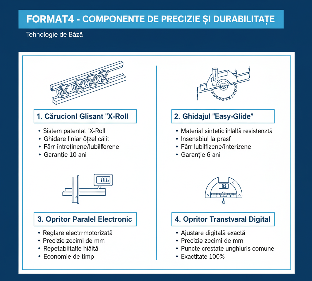 Infografic ce prezintă componentele de precizie FORMAT4: căruciorul glisant "X-Roll", ghidajul "Easy-Glide", opritorul paralel electronic și opritorul transversal digital.