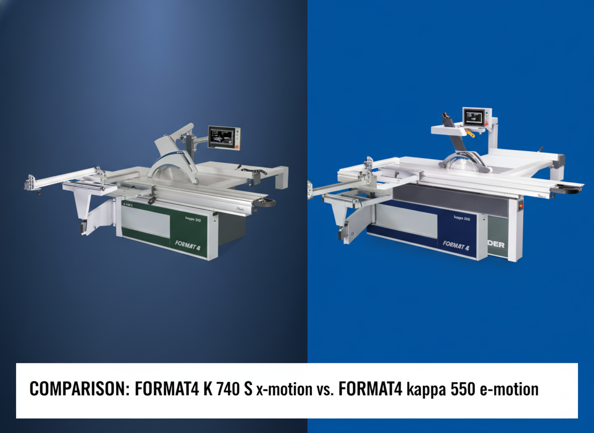 Comparație vizuală a fierăstraielor industriale FORMAT4 K 740 S x-motion (stânga) și FORMAT4 kappa 550 e-motion (dreapta), ambele utilaje premium cu control CNC.