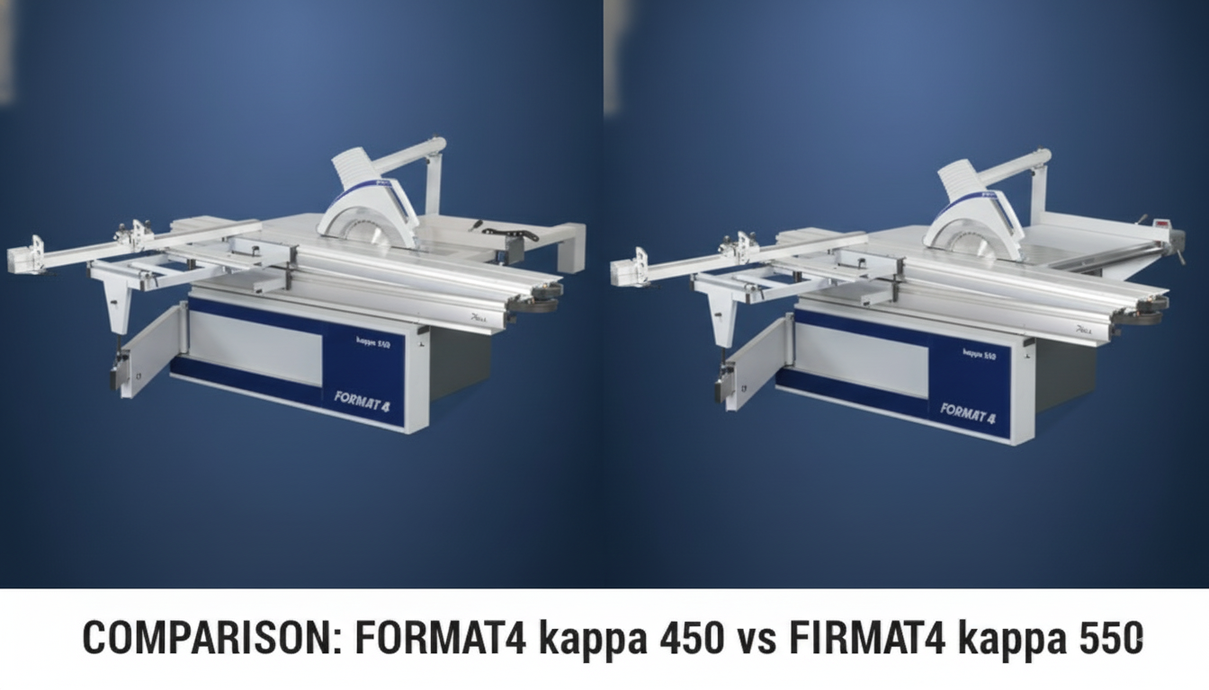 Comparație vizuală a fierăstraielor circulare industriale FORMAT4 kappa 450 (stânga) și FORMAT4 kappa 550 (dreapta), aliniate pentru o analiză a diferențelor de platformă.
