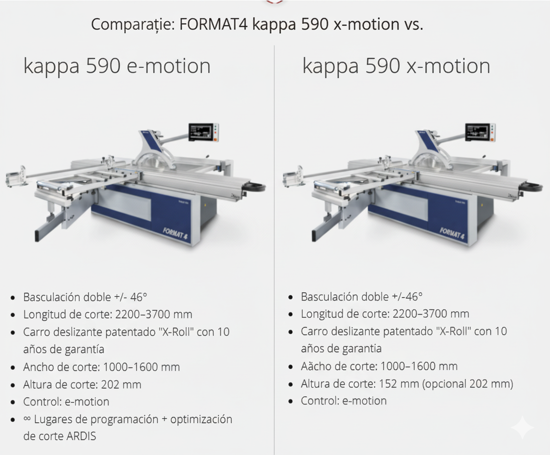 Comparație vizuală a fierăstraielor industriale FORMAT4 kappa 590 e-motion (stânga) și kappa 590 x-motion (dreapta), evidențiind platforma industrială comună și diferențele de control.