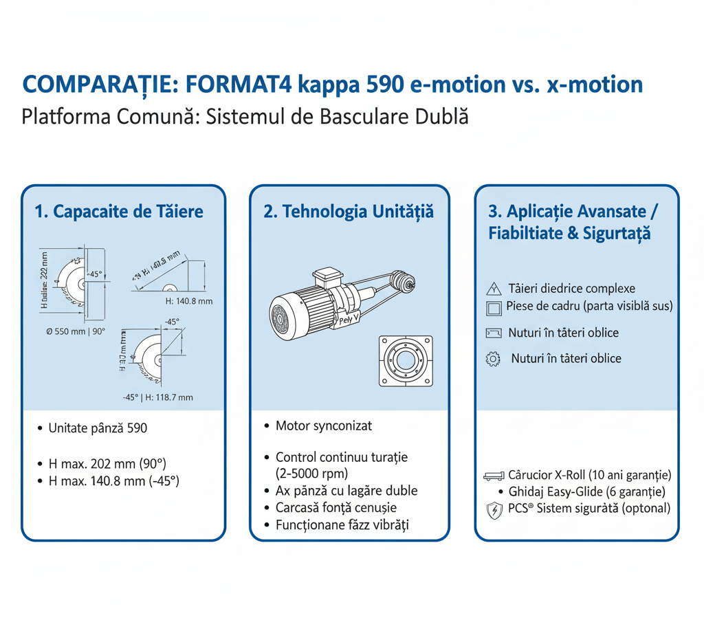 Infografic ce prezintă platforma comună a seriei FORMAT4 kappa 590: capacitatea de tăiere (202 mm), motorul sincronizat, căruciorul X-Roll, ghidajul Easy-Glide și sistemul PCS®.