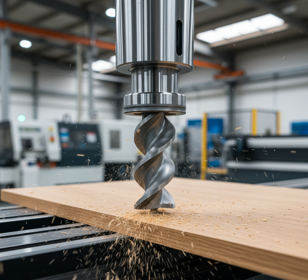 Prim-plan cu o freză elicoidală pe un router CNC, în timpul procesului de frezare a unui panou din lemn masiv într-un atelier de mobilă.