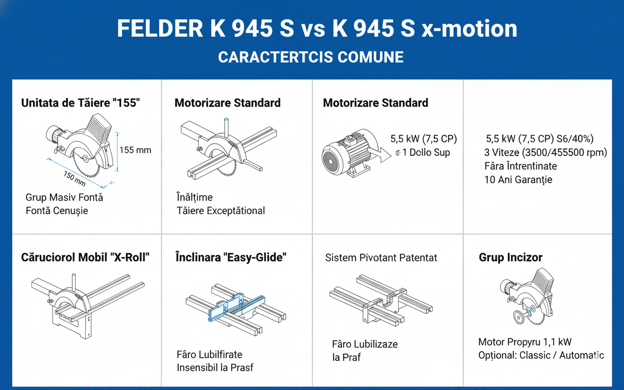 Infografic ce prezintă caracteristicile mecanice comune ale FELDER K 945 S și x-motion: unitatea de tăiere "155" din fontă, căruciorul "X-Roll" și înclinarea "Easy-Glide".