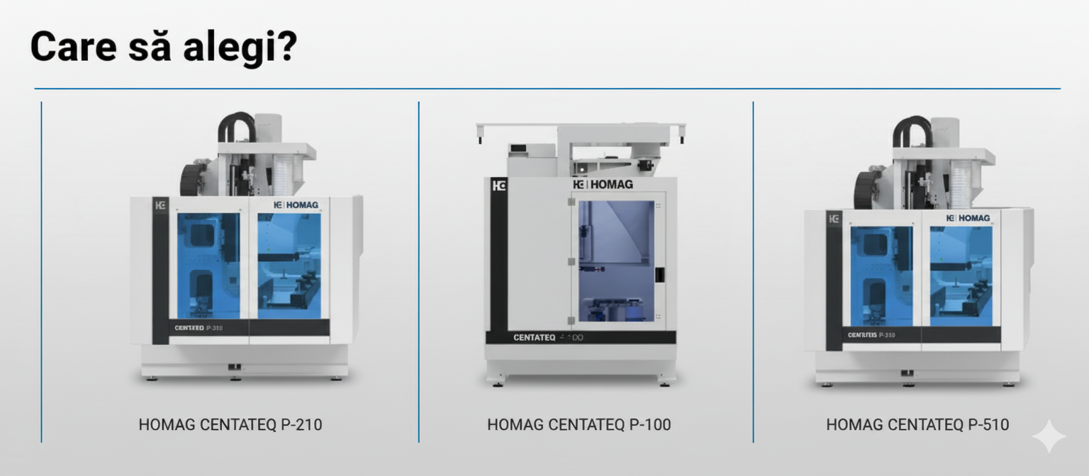 Ghid comparativ al centrelor de prelucrare CNC HOMAG CENTATEQ P-210, P-100 și P-510, ilustrând opțiuni pentru prelucrarea panourilor de lemn, PAL și MDF în fabricarea mobilei.