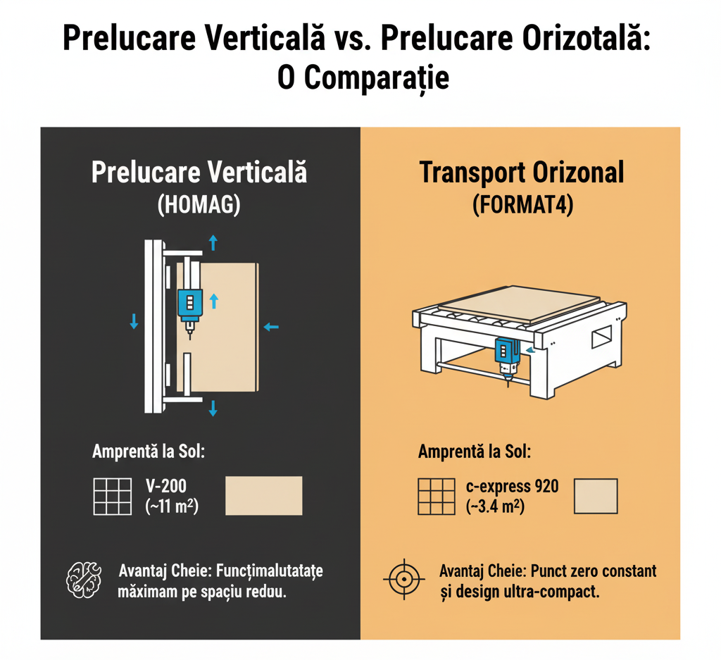 Infografic comparativ între prelucrarea CNC verticală (HOMAG) și cea orizontală (FORMAT4), ilustrând diferențele de amprentă la sol și avantajele cheie ale fiecărui concept, precum funcționalitatea maximă pe spațiu redus versus designul ultra-compact.