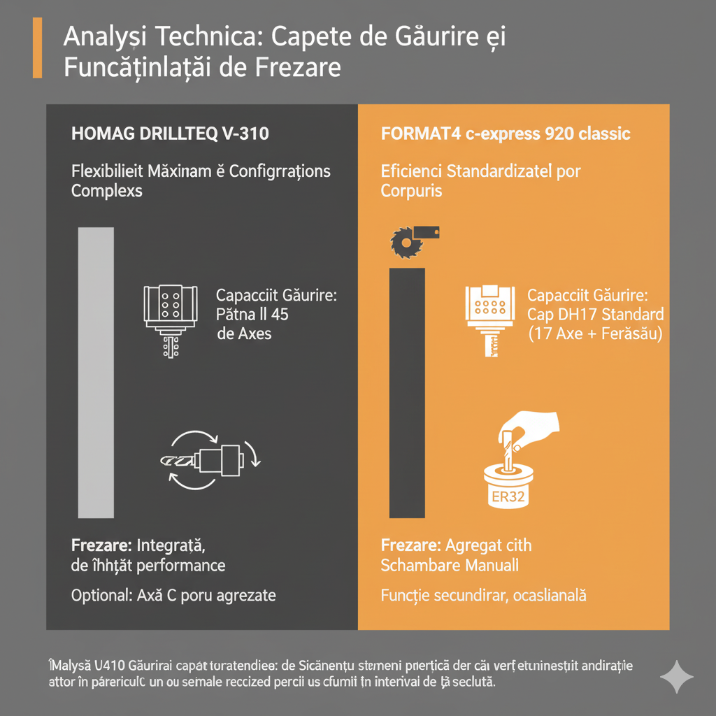 Comparație vizuală între trei CNC-uri verticale pentru prelucrarea lemnului: Format4 c-express 920, Homag Drillteq V-200 și Homag Weeke BHX