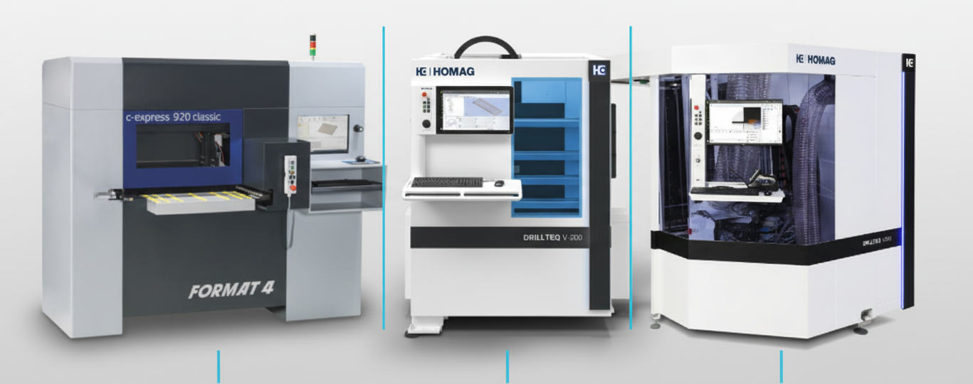 Comparație vizuală între trei mașini de aplicat cant: Format4 tempora F800, Homag KL QA S2 și KDT KE-706B, aliniate pentru o analiză detaliată a designului.