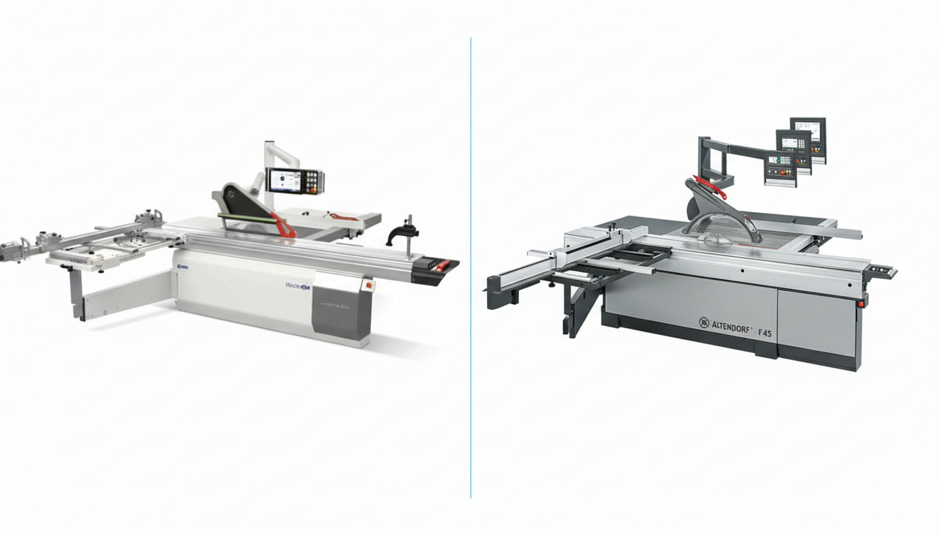 .Comparație vizuală directă între circularul de formatizat SCM L'invincibile si 5 și modelul Altendorf F45, evidențiind diferențele de design, ergonomie și filozofie constructivă.