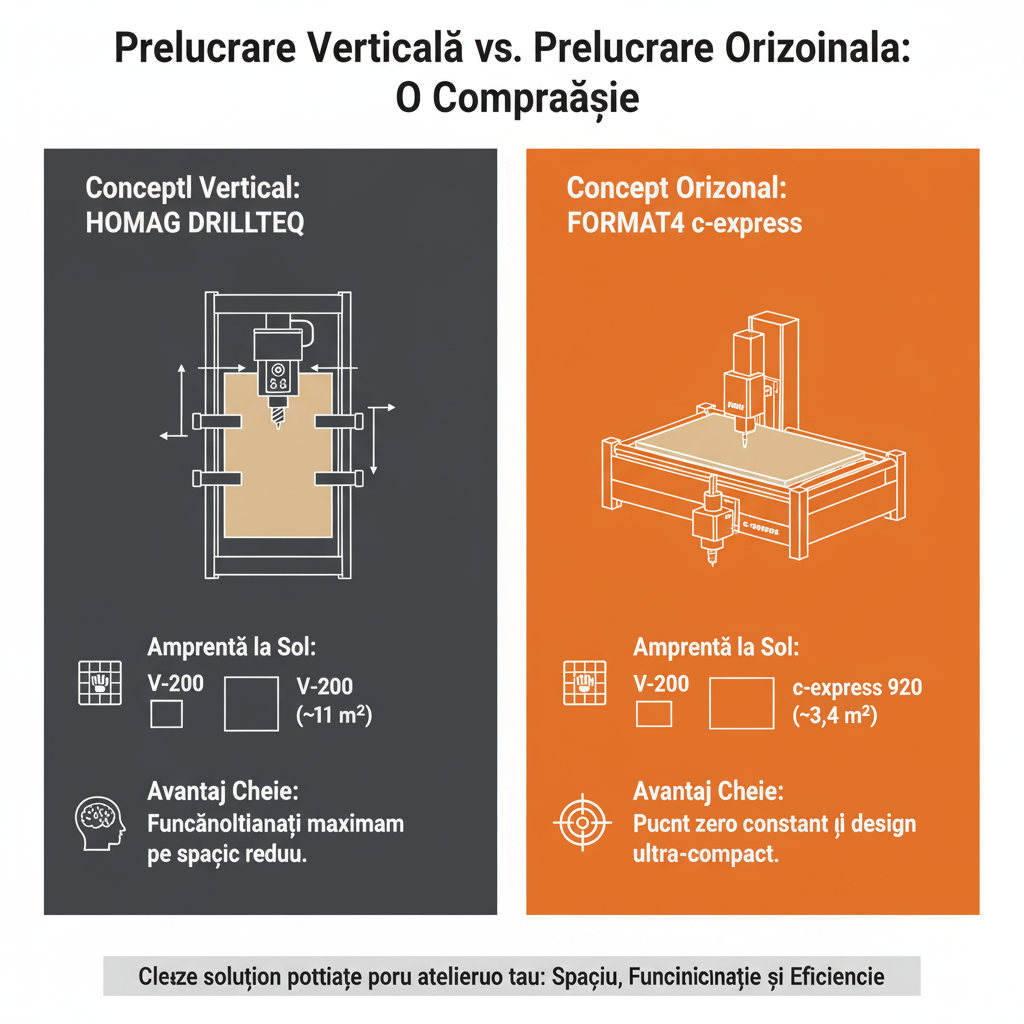 Infografic comparativ între prelucrarea CNC verticală și cea orizontală, exemplificate prin modelele HOMAG DRILLTEQ și FORMAT4 c-express. Imaginea detaliază diferențele de amprentă la sol și avantajele cheie ale fiecărei tehnologii pentru a ajuta la alegerea soluției optime de spațiu și eficiență.
