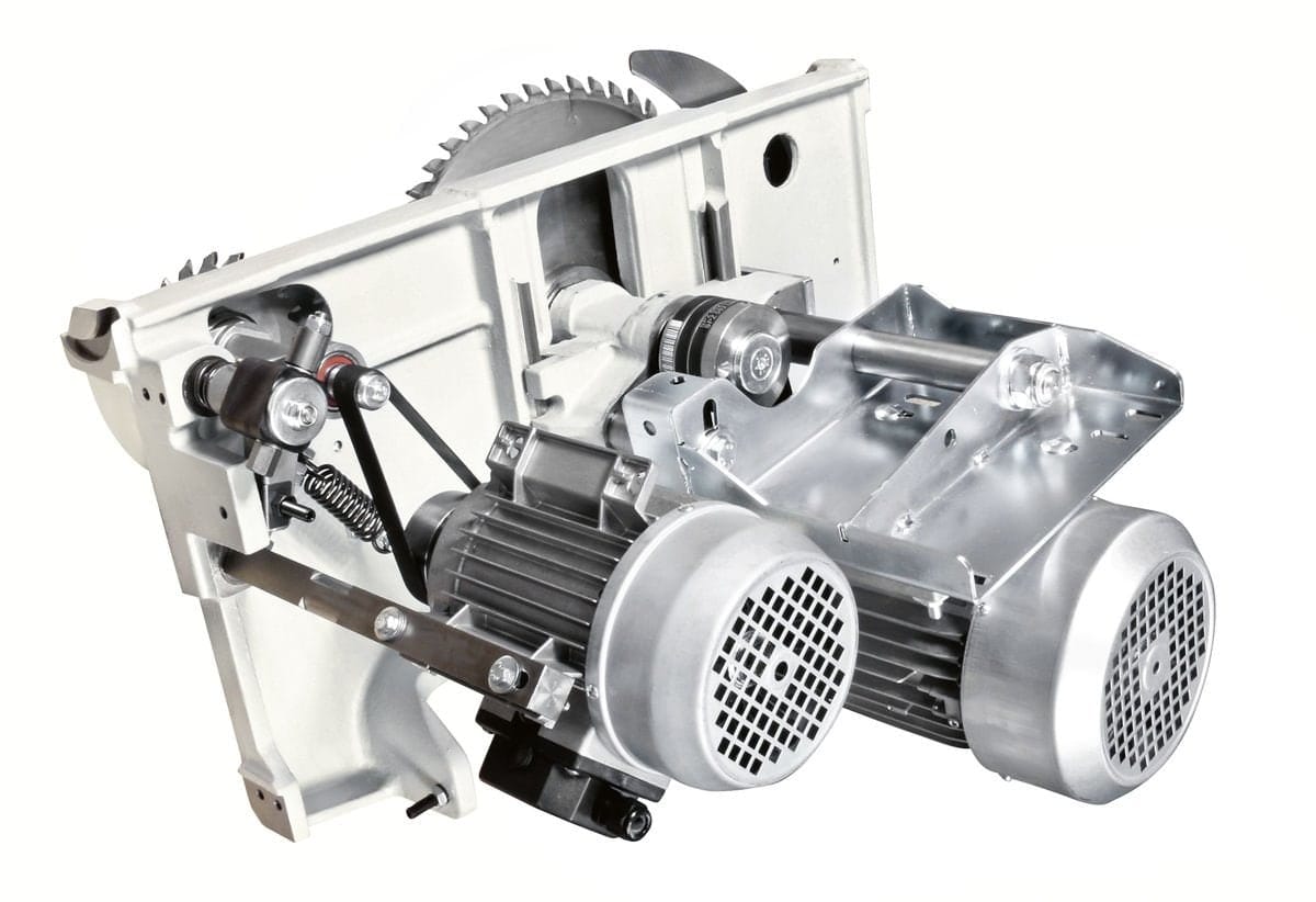 Unitatea de tăiere (grupul de lame) a unui fierăstrău circular SCM din gama Elite S, arătând motorul robust și mecanismul de transmisie și înclinare din fontă.