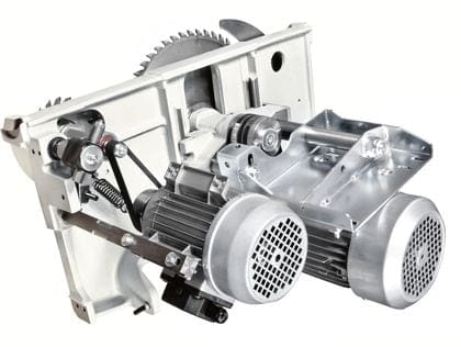 Unitatea de tăiere (grupul de lame) a unui fierăstrău circular SCM din gama Elite S, arătând motorul robust și mecanismul de transmisie și înclinare din fontă.