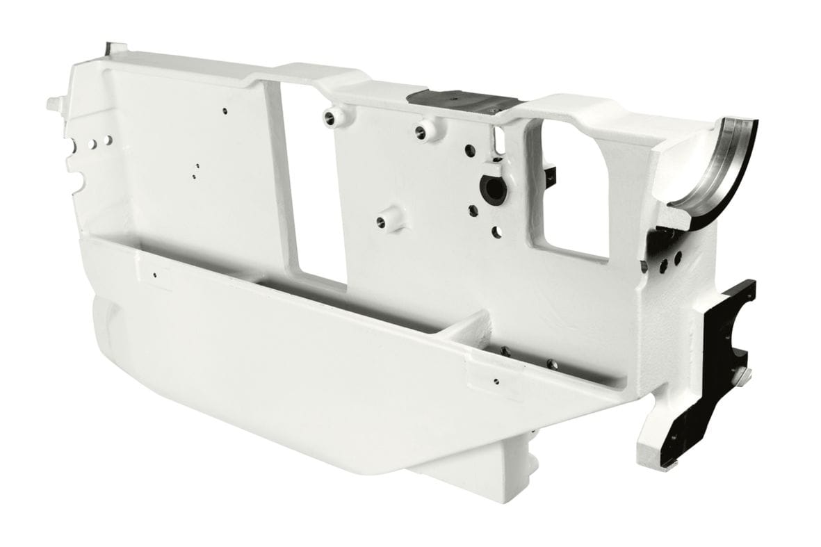 Baza (corpul) din fontă masivă a unui fierăstrău circular SCM, proiectată pentru a absorbi vibrațiile și a garanta stabilitatea