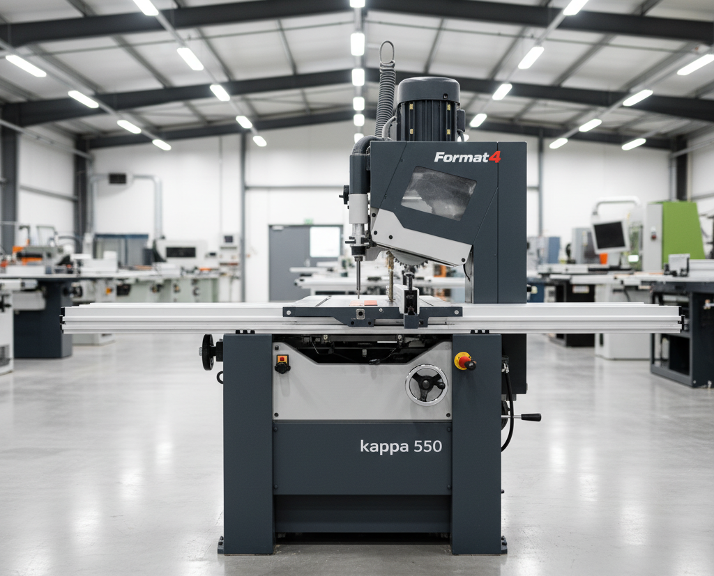 Echipament pentru prelucrarea lemnului marca Format4, prezentat frontal într-un showroom de utilaje pentru producția de mobilă.