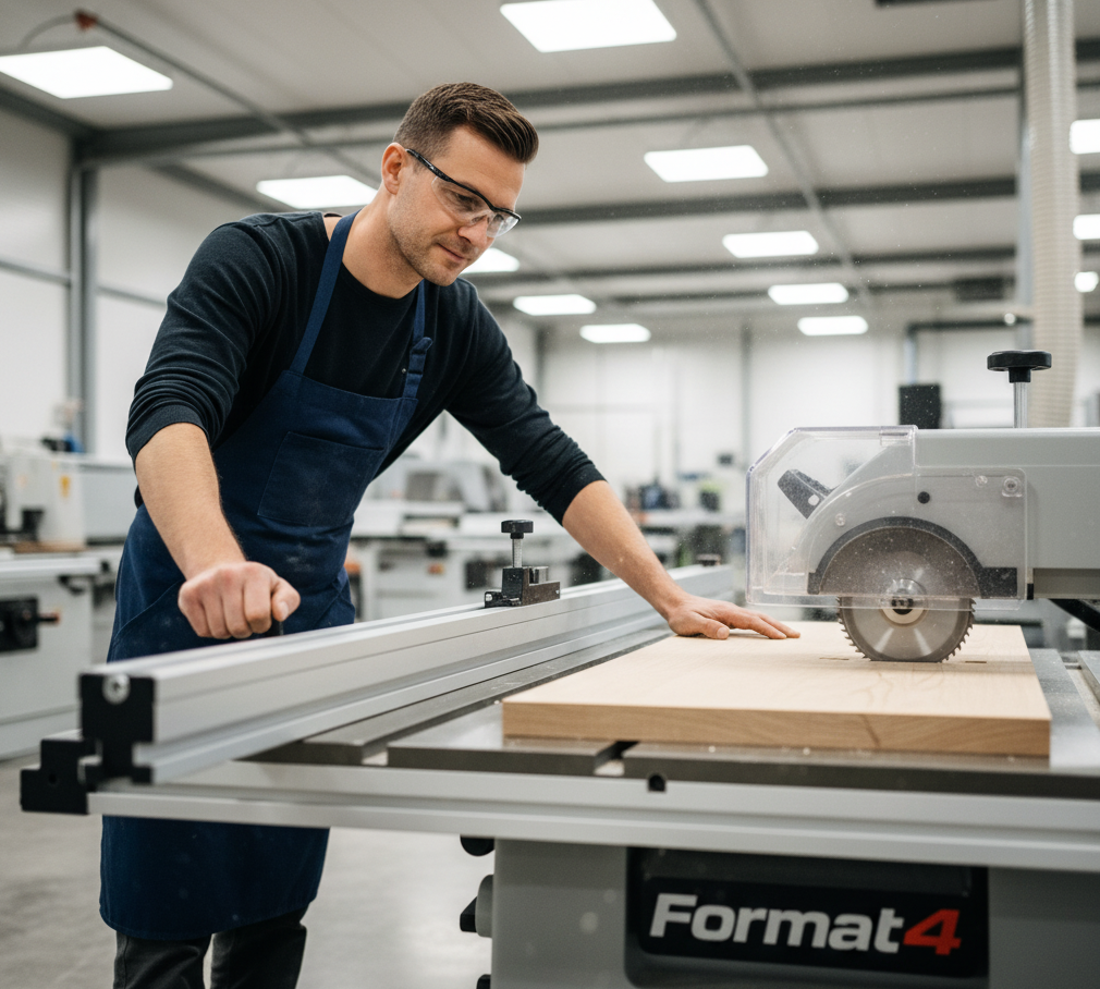 Tâmplar profesionist operând un fierăstrău circular de formatizat Format4 pentru a tăia cu precizie un panou din lemn masiv într-un atelier de mobilă.