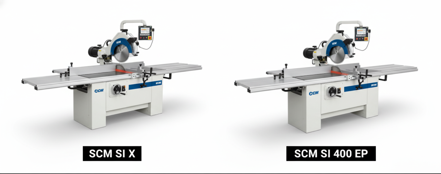 Comparație vizuală a fierăstraielor circulare SCM SI X (stânga) și SCM SI 400 EP (dreapta), ambele utilaje profesionale SCM Nova cu control electronic.