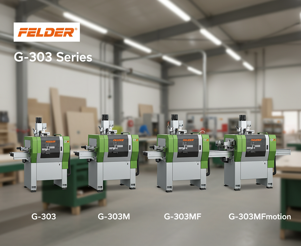 Linia completă de mașini de aplicat cant Felder G-303 Series, afișând modelele G-303, G-303M, G-303MF și G-303MFmotion într-un atelier de tâmplărie.
