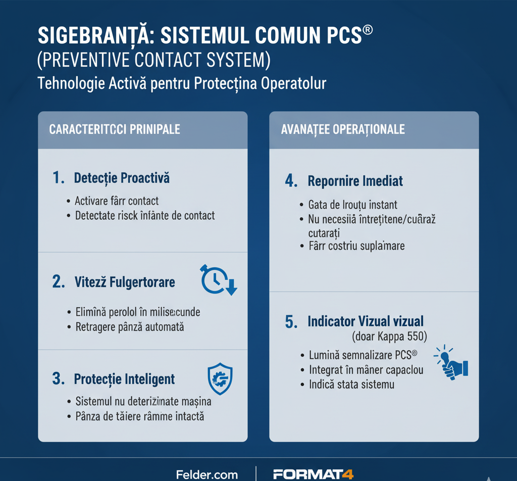 Infografic ce descrie caracteristicile sistemului de siguranță activ PCS® (Preventive Contact System) de la Felder/Format4: detecție proactivă, viteză de răspuns și repornire imediată.