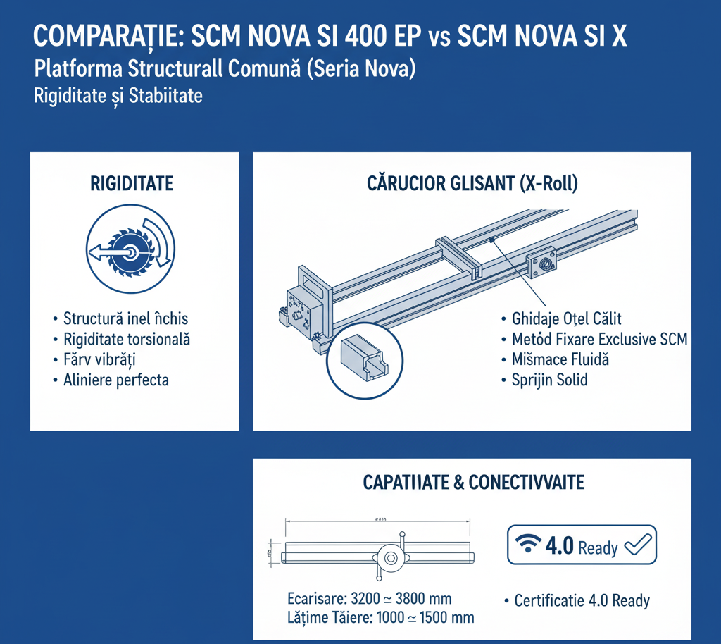 Infografic ce prezintă platforma structurală comună a seriei SCM Nova: rigiditatea (structură inel închis), căruciorul glisant patentat SCM și capacitatea de ecarisare.