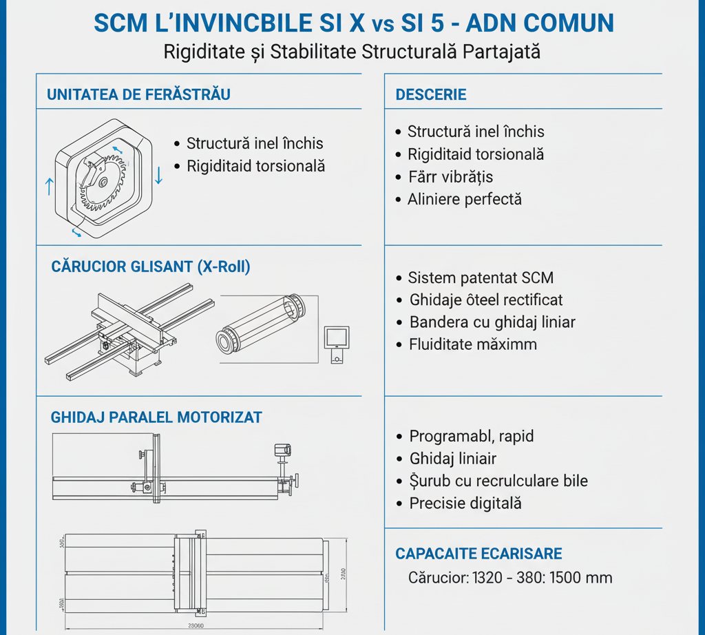 Infografic ce prezintă ADN-ul comun al SCM L'Invincibile SI X și SI 5: unitatea de tăiere în inel închis, căruciorul glisant patentat SCM și ghidajul paralel motorizat.