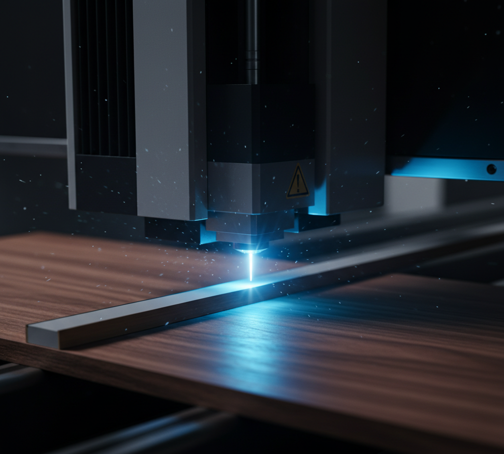 Detaliu al unui cap de prelucrare CNC modern, folosind o rază laser pentru a tăia cu precizie milimetrică materiale pentru mobilier.