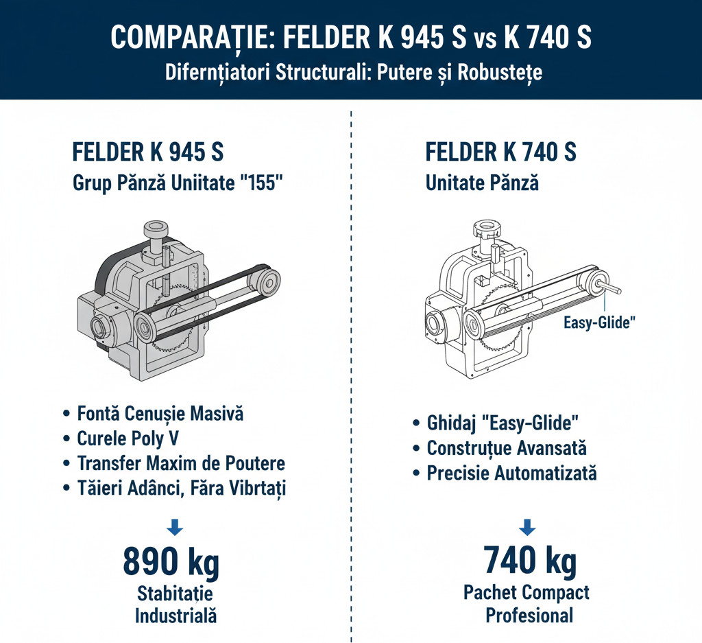 Infografic comparativ: Lungimea de tăiere a FELDER K 700 S (2500-3700 mm, panouri mari) vs. FELDER K 500 S (2500-3200 mm, panouri medii).