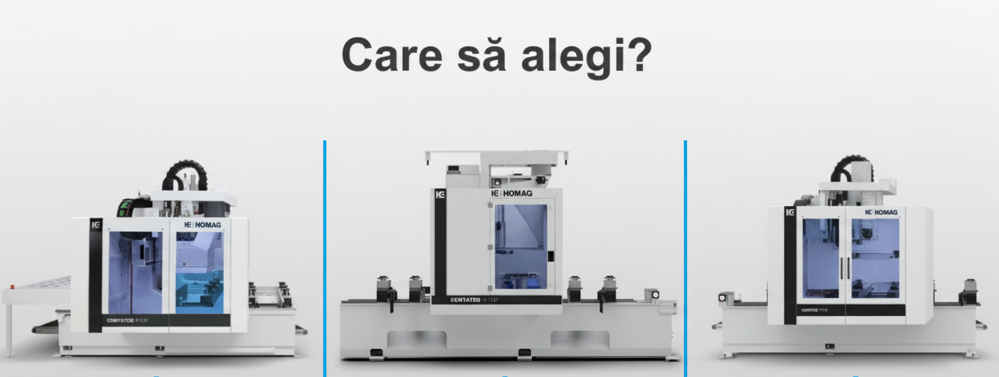 Comparație vizuală a centrelor de prelucrare CNC HOMAG CENTATEQ P-100, P-210 și P-310, ilustrând diferențele de design și amprentă la sol între cele trei modele.