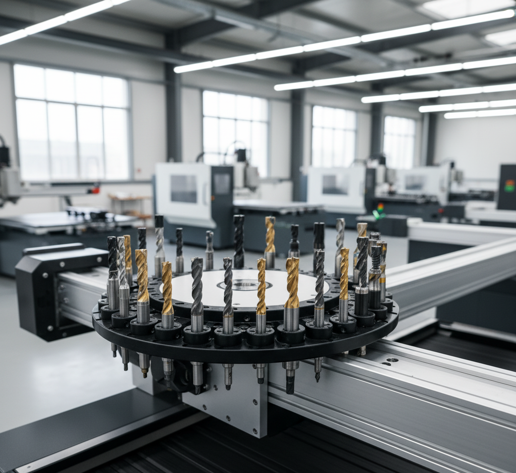 Schimbător automat de scule tip carusel pe un centru de prelucrare CNC, demonstrând versatilitatea mașinii pentru diverse operațiuni de frezare și găurire.