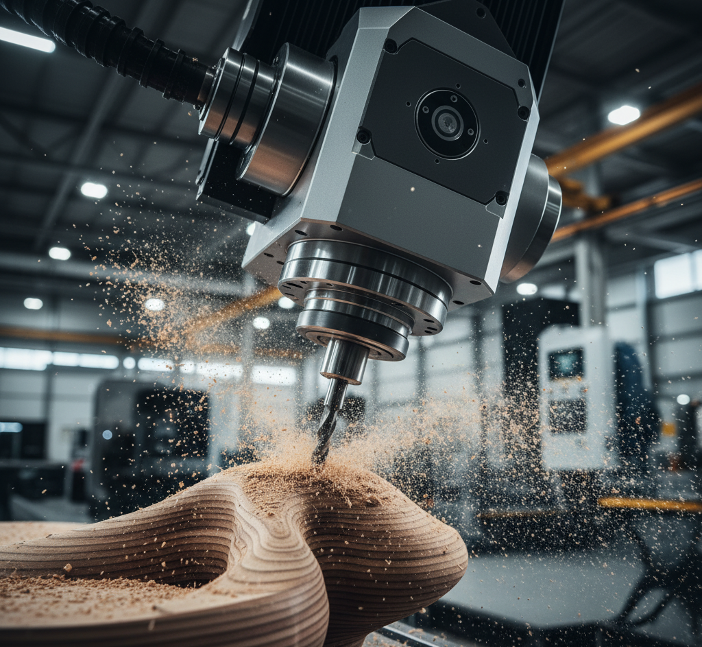 Cap de frezare al unei mașini CNC în plină acțiune, creând o formă complexă din lemn masiv, demonstrând precizia și capacitățile de prelucrare 3D.