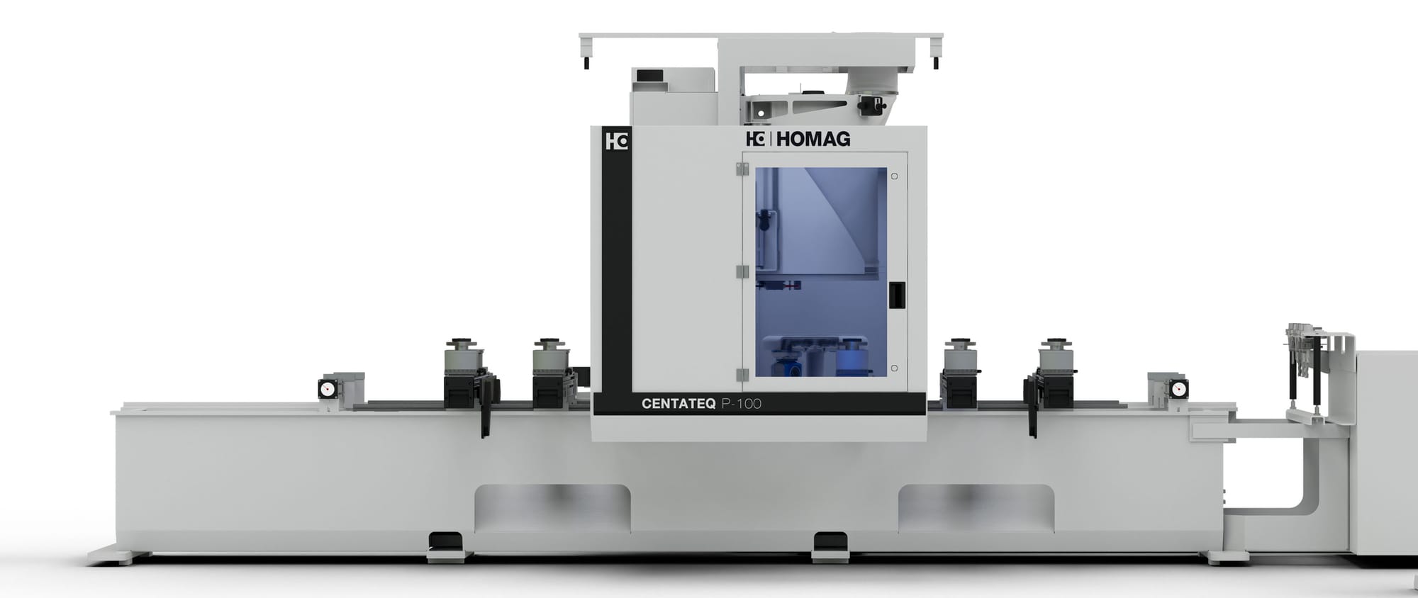 Centru de prelucrare CNC cu 5 axe HOMAG CENTATEQ P-110, cu masă cu traverse și ventuze, pentru piese complexe de mobilier, uși și scări din lemn.