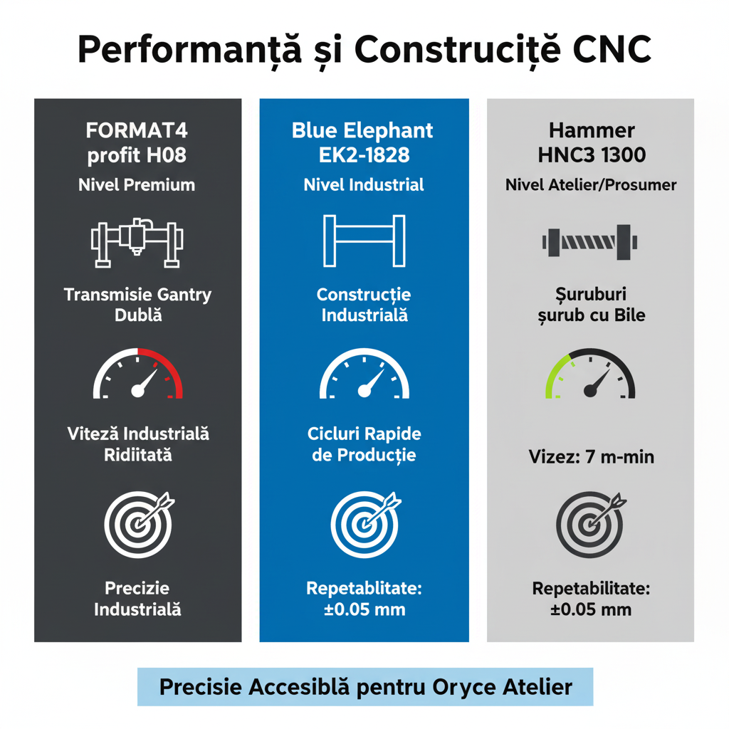 Infografic comparativ despre performanța și construcția mașinilor CNC: FORMAT4 H08 (nivel premium, gantry dublu), Blue Elephant EK2-1828 (nivel industrial, cicluri rapide) și Hammer HNC3 1300 (nivel atelier, șuruburi cu bile).