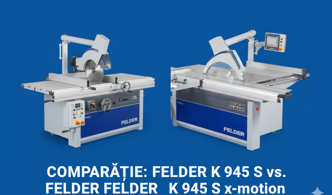 Comparație vizuală a fierăstraielor industriale FELDER K 945 S (stânga, control manual) și FELDER K 945 S x-motion (dreapta, control CNC x-motion).