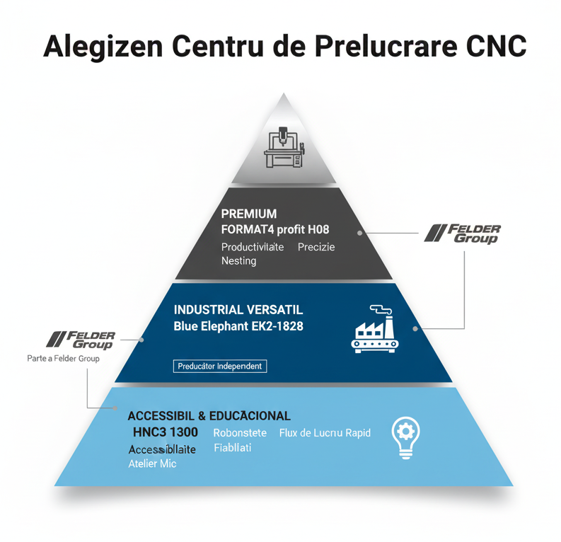 Infografic piramidal care compară și segmentează trei centre de prelucrare CNC după modelul de afaceri: modelul premium FORMAT4 H08, modelul industrial versatil Blue Elephant EK2-1828 și modelul accesibil pentru ateliere mici Hammer HNC3 1300.
