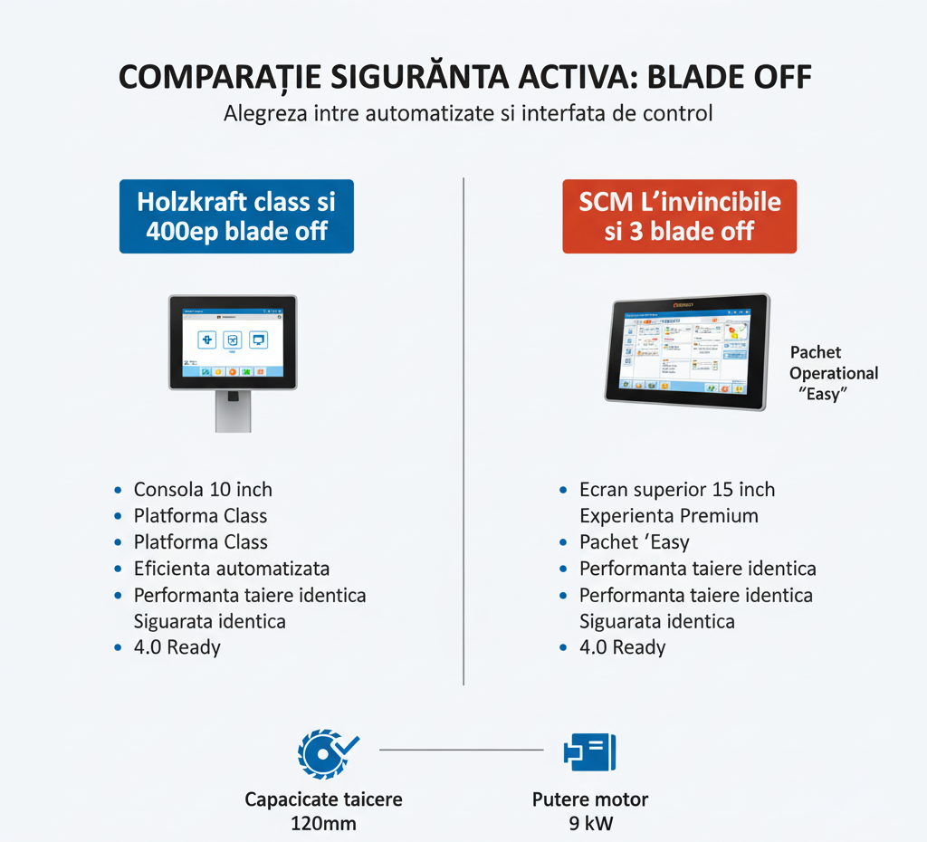 Infografic comparativ al interfețelor de control: Holzkraft Class SI 400EP Blade Off (consolă 10 inch) vs. SCM L'Invincibile SI 3 Blade Off (ecran superior 15 inch "Easy").