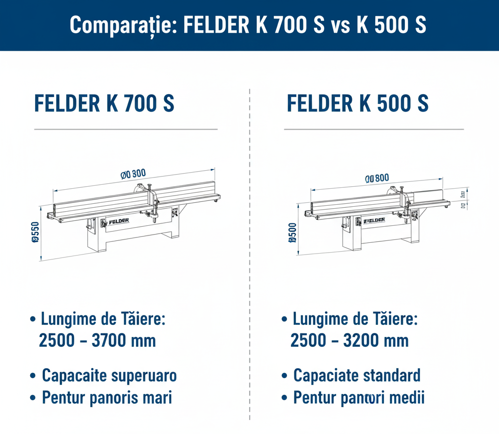 Infografic comparativ: Lungimea de tăiere a FELDER K 700 S (2500-3700 mm, panouri mari) vs. FELDER K 500 S (2500-3200 mm, panouri medii).