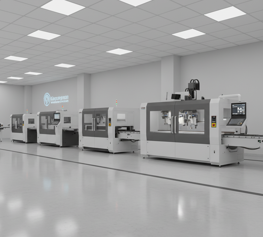 Linie de producție complet automatizată pentru fabricarea mobilei în serie, compusă din mașini de aplicat cant de înaltă performanță interconectate într-o hală modernă.