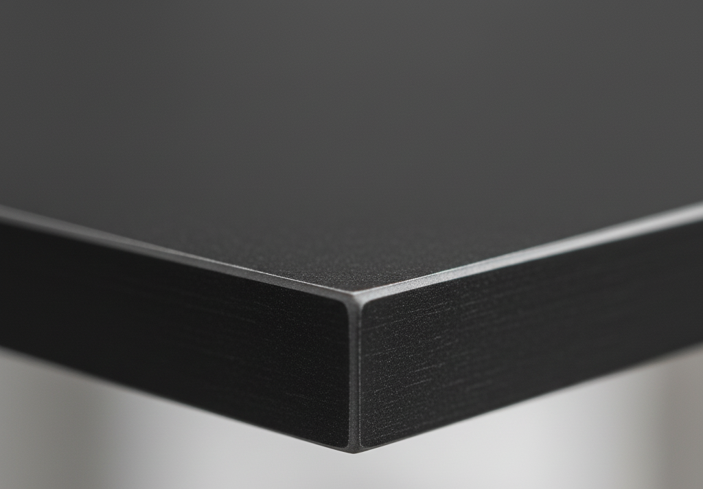 Colțul unui panou de mobilier din PAL melaminat antracit, cu cant ABS aplicat și colțuri fin rotunjite pentru un aspect modern.
