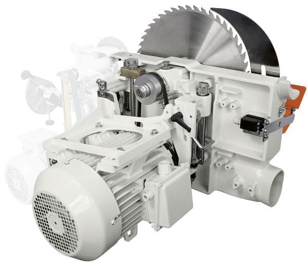 Unitatea de tăiere (grupul de lame) a unui fierăstrău circular SCM Nova, evidențiind motorul robust și mecanismul de înclinare din fontă