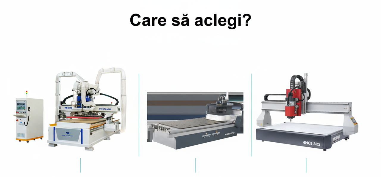 Comparație vizuală a trei soluții CNC pentru atelier: un centru de nesting Blue Elephant EK2-1828, un centru de nesting premium FORMAT4 H08 și un router CNC versatil Hammer HNC3.