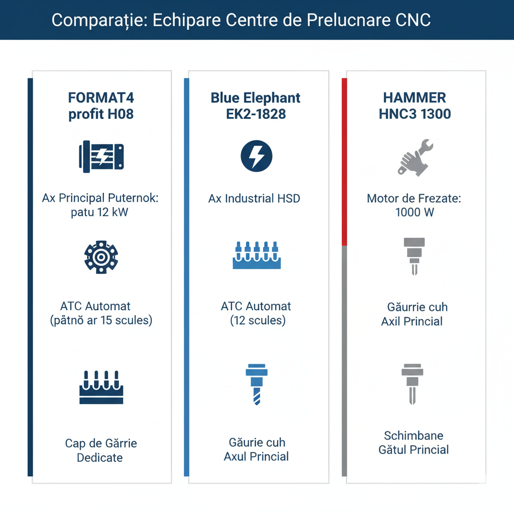 Grafic comparativ al echipării standard pentru centrele de prelucrare CNC FORMAT4 H08, Blue Elephant EK2-1828 și Hammer HNC3 1300, detaliind puterea axului principal, capacitatea schimbătorului de scule ATC și funcțiile de găurire.