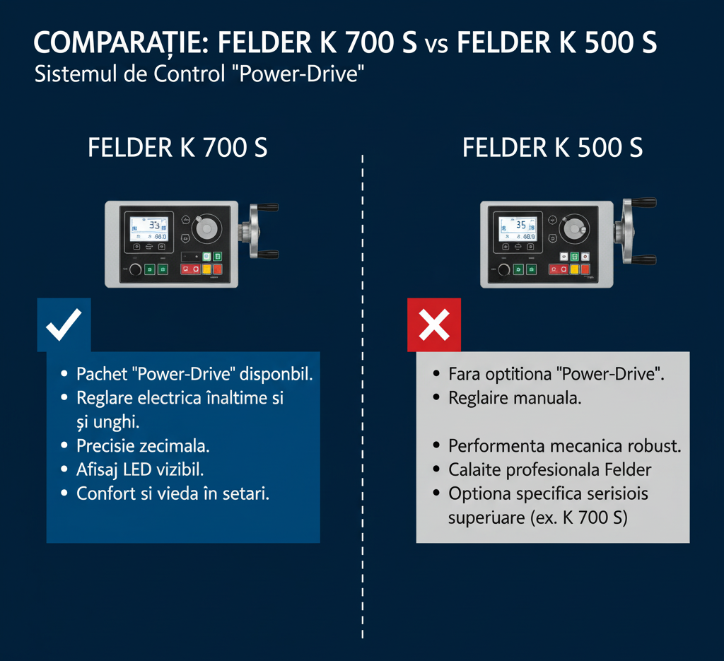 Infografic comparativ: Sistemul de control FELDER K 700 S (cu pachet "Power-Drive" disponibil) vs. FELDER K 500 S (fără opțiunea "Power-Drive", reglare manuală).