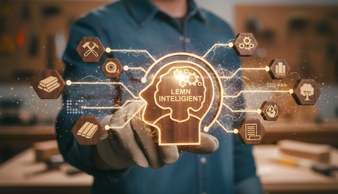 Concept de "Lemn Inteligent" (Smart Wood) și Industrie 4.0 în prelucrarea lemnului, cu un operator ținând o interfață digitală a unui creier cu unelte de tâmplărie.