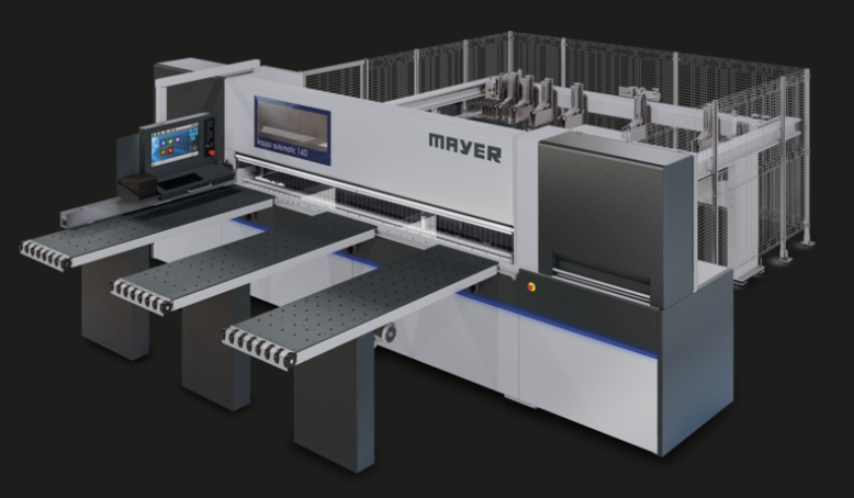 Fierăstrău de debitat în pachet (beam saw) Mayer kappa automatic 140, cu mese frontale cu perne de aer și masă de încărcare posterioară (lift table).