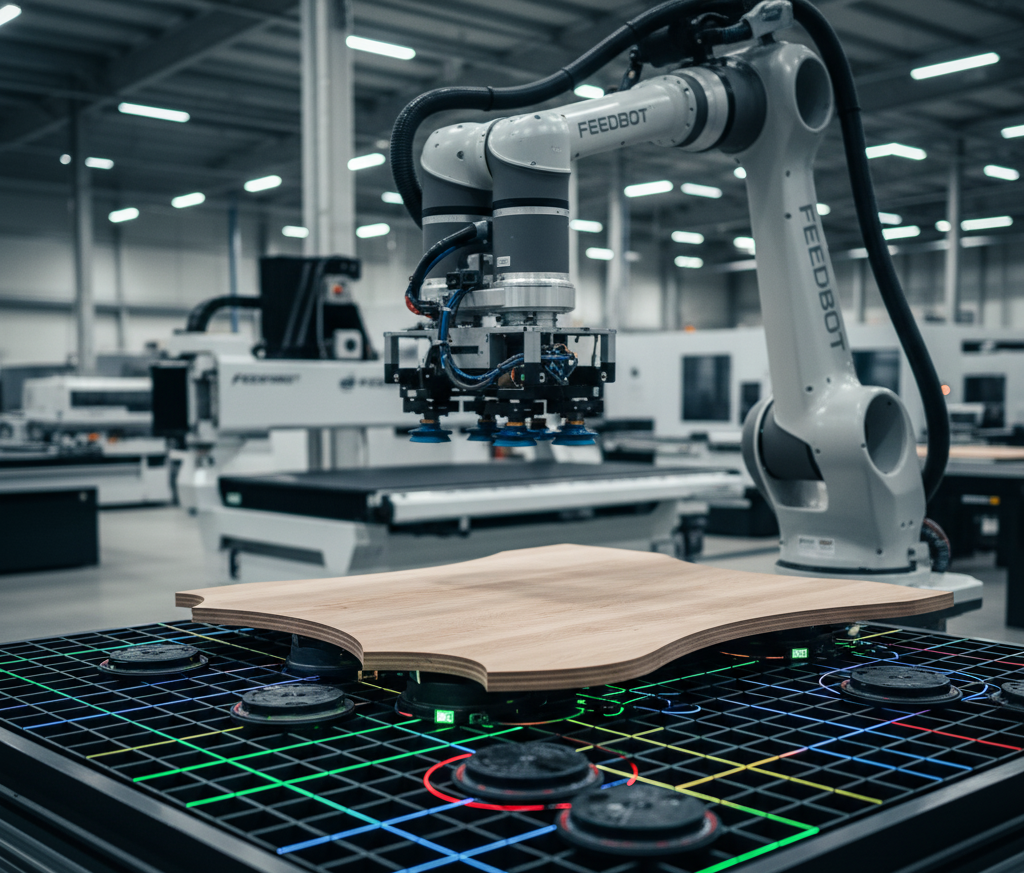 Braț robotic FEEDBOT care manipulează o placă de lemn prelucrată pe o mașină CNC, ilustrând automatizarea în producția de mobilier.