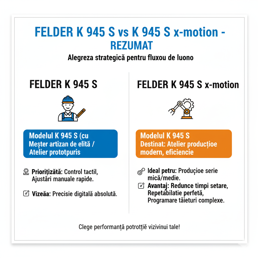 Infografic comparativ: FELDER K 945 S (ideal pentru control tactil și artizani de elită) vs. K 945 S x-motion (ideal pentru producție de serie și eficiență automatizată).