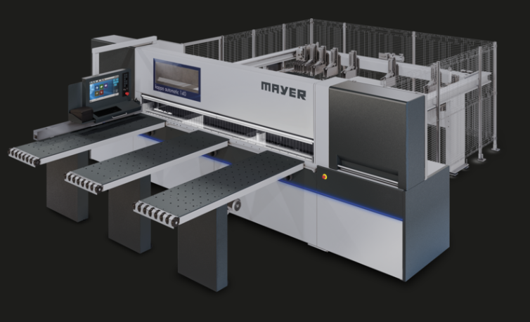 Fierăstrău de debitat în pachet (beam saw) Mayer kappa automatic 140, cu mese frontale cu perne de aer și masă de încărcare posterioară (lift table).